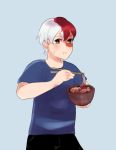  boku_no_hero_academia burn_mark chopsticks eating embarrassed food heterochromia looking_at-viewer noodles red_hair silver_hair sleepy_(sleepy-stellarium) soba solo todoroki_shouto two-toned_hair 