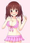  ariel23795 bare_shoulders bikini bikini_skirt blush breasts brown_eyes brown_hair cleavage collarbone cowboy_shot ebina_nana full-face_blush hand_on_own_chest himouto!_umaru-chan large_breasts looking_at_viewer open_mouth pink_background pink_bikini simple_background solo standing swimsuit wavy_mouth 
