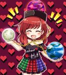  blush chain closed_eyes clothes_writing collar earth hat heart heart_background hecatia_lapislazuli moon multicolored multicolored_clothes multicolored_skirt off_shoulder open_mouth polos_crown pote_(ptkan) red_hair shirt skirt smile solo touhou 