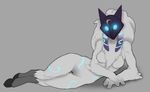  2_fingers breasts caprine digitigrade female fur glowing glowing_eyes grey_background hair hooves kindred_(lol) league_of_legends looking_at_viewer lying mammal mask monochrome presenting pussy sheep simple_background solo spirit toxicswarm tuft twisted-brit video_games white_fur 