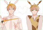  america_(hetalia) animal_ears artist_request axis_powers_hetalia blonde_hair blue_eyes bunny_ears carrot fake_animal_ears glasses green_eyes heart looking_at_another male_focus multiple_boys necktie shirt simple_background smile united_kingdom_(hetalia) white_background 