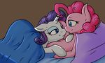  2015 bed blue_eyes duo earth_pony equine eye_contact eyeshadow fearingfun female female/female feral friendship_is_magic hair half-closed_eyes horn horse inside lying makeup mammal my_little_pony on_back on_bed pillow pink_hair pinkie_pie_(mlp) pony purple_hair rarity_(mlp) smile unicorn 