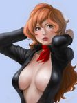  breasts brown_eyes brown_hair large_breasts lips long_hair lupin_iii mine_fujiko neck_ribbon no_bra open_clothes open_shirt perox realistic ribbon shirt solo upper_body 