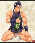  1boy alcohol bottle chun_(luxtan) drunk hachimaki headband male_focus necklace nejiri_hachimaki penis socks solo squatting tabi undressing 