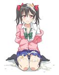  arms_behind_back cardigan commentary_request dress_shirt egg food_on_legs kneehighs love_live! love_live!_school_idol_project no_shoes off_shoulder shirt solo tetopetesone yazawa_nico 