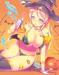  :p arm_support ayase_eli bat bikini blonde_hair blue_eyes breasts candy candy_cane cleavage covered_nipples facial_mark food gacchu gloves halloween hat heart highres jack-o'-lantern large_breasts love_live! love_live!_school_idol_project navel sitting solo swimsuit thigh_gap thighhighs tongue tongue_out witch_hat wrapped_candy 