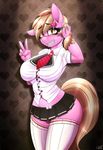  &lt;3 anthro anthrofied big_breasts blonde_hair blush braces breasts chubby clothed clothing cute equine fan_character female hair half-closed_eyes half-dressed horse legwear looking_at_viewer mammal my_little_pony necktie peace_sign_(disambiguation) pink_skin pony replica_(artist) reppy simple_background skirt smile socks solo teeth thigh_highs wide_hips 