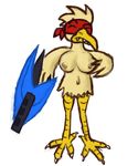  2015 anthro anthrofied avian beak big_breasts bird breasts chicken chicken_(nuclear_throne) feathers female gun hair huge_breasts hyper_rifle mask navel nipples nuclear_throne nude ranged_weapon rifle simple_background solo talons teeth video_games vodkaroo weapon white_background wings 