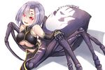  2015 arachne breasts carapace claws dated detached_sleeves extra_eyes huge_breasts i.f.s.f insect_girl lavender_hair looking_at_viewer monster_girl monster_musume_no_iru_nichijou multiple_legs parted_lips pelvic_curtain rachnera_arachnera red_eyes shadow smile solo spider_girl twitter_username underboob white_background 