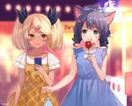  :d alternate_hairstyle animal_ears bad_id bad_twitter_id blonde_hair blue_dress blue_eyes blue_hair blush bow candy_apple cat_ears cellphone curly_hair cyan_(show_by_rock!!) dog_tail dress drill_hair fang festival food fukahire_(ruinon) glasses hair_bow hair_ornament hair_rings hairclip multiple_girls open_mouth orange_eyes phone polka_dot polka_dot_bow retoree show_by_rock!! smartphone smile summer_festival tail twintails 