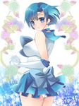  bishoujo_senshi_sailor_moon blue_bow blue_choker blue_eyes blue_hair blue_panties blue_sailor_collar blue_skirt bow choker cowboy_shot earrings elbow_gloves flower gloves jewelry mizuno_ami nape panties rose sailor_collar sailor_mercury sailor_senshi_uniform shimizu_ren short_hair skirt smile solo tiara underwear white_gloves 