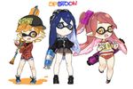  bandaid baseball_cap blonde_hair blue_hair blush bow buruma carbon_roller_(splatoon) commentary cosplay denim denim_shorts domino_mask double_v fangs fusion goggles goggles_on_head gym_uniform hair_bow hat highres holding honda_mio idolmaster idolmaster_cinderella_girls inkling inkling_(cosplay) leg_up long_hair looking_at_viewer mask miniskirt monster_girl multiple_girls name_tag octoshot_(splatoon) one_eye_closed open_mouth paint_roller plaid plaid_shirt pleated_skirt shibuya_rin shimamura_uzuki shirt shoes short_hair short_shorts shorts sideways_hat skirt smile sneakers socks spawnfoxy splat_roller_(splatoon) splatoon_(series) splatoon_1 standing super_soaker t-shirt tentacle_hair v yellow_eyes 