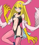  1girl bare_shoulders blonde_hair blue_eyes blush breasts claws duel_monster feathers female hairband harpie_girl harpy long_hair looking_at_viewer monster_girl partially_visible_vulva shiny_skin solo wings yu-gi-oh! 