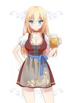  :&lt; beer_mug bismarck_(kantai_collection) blonde_hair bow breasts choker cleavage cup dirndl german_clothes germany hand_on_hip holding holding_cup iron_cross kaetzchen kantai_collection long_hair medium_breasts oktoberfest plaid plaid_bow plaid_ribbon puffy_short_sleeves puffy_sleeves ribbon short_sleeves solo 