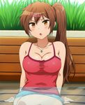  bare_shoulders bench blush breasts brown_eyes brown_hair camisole casual chuunibyou_demo_koi_ga_shitai! cleavage collarbone crossed_legs glass_table hairu jewelry large_breasts long_hair necklace nibutani_shinka open_mouth shiny shiny_hair shiny_skin side_ponytail sitting skirt solo table 