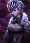  armor banned_artist blue_eyes blue_hair breasts cleavage cleavage_cutout downscaled earrings helmet jewelry large_breasts lips lipstick long_hair looking_at_viewer makeup md5_mismatch paul_kwon purple_eyes purple_hair resized scar solo 