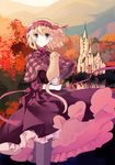  alice_margatroid alternate_costume animal autumn bad_id bad_twitter_id blonde_hair blue_eyes capelet cat cierra_(ra-bit) dress hairband leaf long_sleeves looking_away looking_up pantyhose parted_lips plaid red_dress ribbon short_hair solo touhou tree wind 
