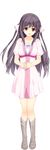  absurdres bare_shoulders black_hair boots breasts dress full_body hair_ribbon hands_clasped hands_on_own_stomach highres iizuki_tasuku lil_coulier long_hair looking_at_viewer medium_breasts own_hands_together red_eyes ribbon seikishi_melty_lovers smile solo standing transparent_background 