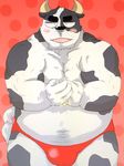  blush bovine bulge cattle clothing colored donuts72 male mammal red_background simple_background solo speedo swimsuit 