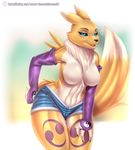  &lt;3 breasts clothed clothing denim_shorts digimon doomthewolf female half-dressed looking_at_viewer renamon shorts skimpy solo tagme topless 