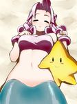  ahoge bandeau beach belly_poke blush breasts closed_eyes densetsu_no_stafy drill_hair lying medium_breasts mermaid monster_girl navel nijitama_shiyushiyu on_back open_mouth pink_hair shore sleeping solo starfish starfy 