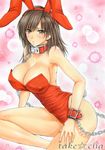  animal_ears artist_name bad_id bad_pixiv_id blush breasts brown_eyes brown_hair bunny_ears bunny_girl bunny_tail bunnysuit chain cleavage collar ichigo_100_percent large_breasts marker_(medium) solo tail takecha toujou_aya traditional_media 