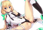  angela_balzac bare_shoulders black_gloves blonde_hair blue_eyes blush boots breasts cameltoe covered_navel covered_nipples elbow_gloves gloves grin hair_ornament headgear kawakami_rokkaku knee_boots large_breasts leg_lift leotard long_hair looking_at_viewer low_twintails lying partially_visible_vulva rakuen_tsuihou skin_tight smile solo spread_legs transparent_background twintails very_long_hair 