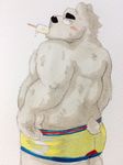  bear clothing dessert donuts72 food ice_cream looking_at_viewer male mammal polar_bear rear_view simple_background solo swimming_trunks swimsuit white_background 