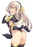  ass black_legwear blonde_hair blush hair_ornament kinoshita_ichi long_hair looking_at_viewer looking_back md5_mismatch open_mouth original pelvic_curtain revealing_clothes simple_background solo white_background yellow_eyes 