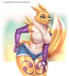 &lt;3 breasts clothed clothing denim_shorts digimon doomthewolf female gloves half-dressed hi_res looking_at_viewer renamon shorts skimpy solo tagme topless 