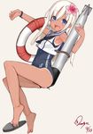  :d baicha barefoot blonde_hair blue_eyes crop_top dated flower full_body hair_flower hair_ornament innertube kantai_collection lifebuoy long_hair looking_at_viewer one-piece_swimsuit open_mouth outstretched_arm ro-500_(kantai_collection) school_swimsuit school_uniform serafuku signature simple_background smile solo swimsuit swimsuit_under_clothes tan tanline torpedo very_long_hair white_background 