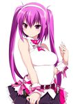  bare_shoulders beatmania beatmania_iidx belt blush collar headdress kinoshita_ichi long_hair looking_at_viewer loose_belt mizushiro_celica pleated_skirt purple_eyes purple_hair ribbon simple_background skirt sleeveless solo tsurime twintails white_background wrist_cuffs 