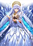  1girl anastasia_(fate/grand_order) bangs blue_cloak blue_eyes cloak commentary_request crown dress earrings eyebrows_visible_through_hair fate/grand_order fate_(series) hair_over_one_eye hand_up head_tilt ice jewelry light_brown_hair long_hair mini_crown npcpepper parted_lips royal_robe silver_hair solo very_long_hair white_dress 