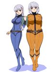  arms_behind_back belt blue_bodysuit bodysuit breasts cosplay costume curvy hair_ornament highres large_breasts lavender_hair long_hair looking_at_viewer multiple_girls open_mouth orange_bodysuit original red_eyes short_hair simple_background skin_tight smile uchiu_kazuma uchuu_senkan_yamato white_background 