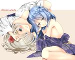  bare_shoulders blue_eyes blue_hair blush breasts double_bun hair_ornament hair_over_one_eye hairclip hamakaze_(kantai_collection) japanese_clothes kantai_collection kimono large_breasts long_hair looking_at_viewer lying multiple_girls narushima_kanna on_back short_hair silver_hair smile twitter_username urakaze_(kantai_collection) yukata 