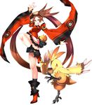  boots breasts brown_eyes brown_hair combusken crossover fighting_stance full_body gen_3_pokemon guilty_gear high_heels highres kuradoberi_jam large_breasts leg_lift legs makai pokemon pokemon_(creature) pose simple_background skirt thighs white_background 