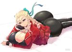  artist_name ass black_legwear blonde_hair bow breasts brown_eyes cleavage curvy drill_hair fingerless_gloves forehead gloves hair_bow hair_pulled_back huge_ass huge_breasts kanzuki_karin long_hair looking_at_viewer lying on_stomach pantyhose rebis ringlets smile solo street_fighter street_fighter_v thong zipper 