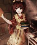  apron bad_id bad_pixiv_id bell book_stack bookshelf brown_eyes brown_hair dyolf hair_bell hair_ornament japanese_clothes kimono library long_sleeves motoori_kosuzu open_mouth solo touhou wide_sleeves 