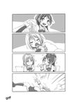  blush bow chocolate comic couple food greyscale long_hair mahou_shoujo_madoka_magica miki_sayaka monochrome multiple_girls pocky ponytail sakura_kyouko short_hair skirt smile tackle trolling yuri 