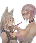  animal_ears artist_name bad_id bad_pixiv_id bangs bare_shoulders blush breast_press breasts cat_ears cherry_blossoms choker cleavage cleavage_cutout covered_nipples elezen elf facial_mark final_fantasy final_fantasy_xiv flower forehead_mark glasses grey_hair grin hair_ornament hairclip holding large_breasts lips long_hair looking_at_another miqo'te multiple_girls pink-framed_eyewear pink_eyes pointy_ears potion_lilac purple_eyes semi-rimless_eyewear shiny shiny_skin short_hair silver_hair simple_background smile sweat symmetrical_docking under-rim_eyewear white_background yuri 