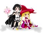  ahoge arm_support black_hair blonde_hair cape chibi choker glowing hat kazumi_(kazumi_magica) long_hair magical_girl mahou_shoujo_kazumi_magica mahou_shoujo_madoka_magica multiple_girls nm_kuro open_mouth red_eyes short_hair sitting staff twintails very_long_hair witch_hat yellow_eyes yuuri_(kazumi_magica) 