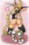  1girl artist_request ass blonde_hair blush breasts come_hither corruption dark_persona female from_behind gloves heart huge_ass langrisser leotard loki_(3751579) long_hair looking_at_viewer naughty_face open_mouth orange_eyes rana_(langrisser) shiny shiny_skin smile solo spoken_heart thighhighs thong thong_leotard tongue 