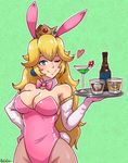  akairiot animal_ears artist_name blonde_hair blue_eyes bottle bunny_ears bunny_tail bunnysuit cocktail_glass crown cup detached_collar drinking_glass earrings elbow_gloves fishnet_pantyhose fishnets glass gloves green_background hand_on_hip heart highres jewelry leotard long_hair mario_(series) one_eye_closed pantyhose pink_leotard princess_peach smile solo super_mario_bros. super_smash_bros. tail tray 