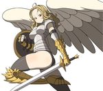  armor black_legwear blonde_hair blue_eyes blush elbow_gloves gauntlets gloves ken_(koala) leotard long_hair looking_at_viewer magic:_the_gathering md5_mismatch shield simple_background solo sword thighhighs weapon wings 