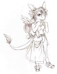  2008 anthro big_eyes breasts claws clothing cute dragon dress fur furred_dragon hair hybrid lagomorph linvar long_hair mammal monochrome rabbit scales scalie simple_background solo tigerlilylucky toe_claws traditional_media_(artwork) white_background wings 