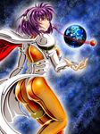  1girl 90s armor ass bodysuit breasts cape corruption dark_persona earth esitoyo evil_smile female from_behind gloves hairband lambda_(langrisser) langrisser langrisser_v large_breasts leg_garter leotard planet purple_eyes purple_hair shiny shiny_clothes shiny_hair sideboob smile solo thong thong_leotard 