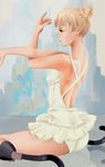  amputee ballet blonde_hair double_amputee green_eyes highres ibarazaki_emi ichigo_milku katawa_shoujo prosthesis prosthetic_leg sitting solo thighs wariza 