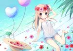  :o arm_support arm_up bad_id bad_pixiv_id balloon bare_shoulders barefoot blush bow bracelet brown_hair camisole flower flower_wreath hair_flower hair_ornament hat head_wreath heart_balloon hibiscus jewelry legs long_hair original petals purple_eyes reta_(honoka1230zero) scrunchie short_shorts shorts sitting solo starfish straw_hat turtle water wrist_scrunchie 