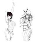  2girls armpits arms_behind_head arms_up bare_shoulders breast_suppress breasts casual fubuki_(one-punch_man) fubuki_(onepunch_man) large_breasts long_hair looking_at_viewer monochrome mosquito_girl multiple_girls one-punch_man one_eye_closed onepunch_man open_mouth short_hair standing the_golden_smurf underboob 