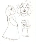 &lt;3 black_and_white caprine catnippackets eyes_closed female food goat happy horn mammal monochrome monster oven_mitts pie sketch smile solo toriel undertale 